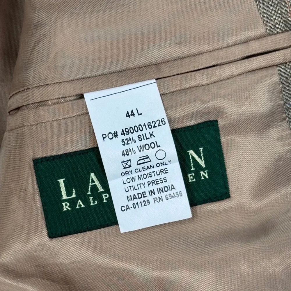 Lauren Ralph Lauren Mens 44L Silk Wool Herringbone Blazer Sport Coat Tan Brown